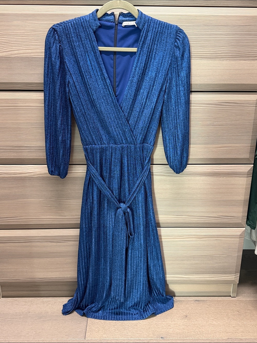 Alice + Olivia Metallic Blue Ribbed Wrap Midi Dress
